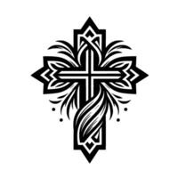 Intricately Designed Black and White Christian Cross with Floral and Geometric Embellishments on a White Background vector