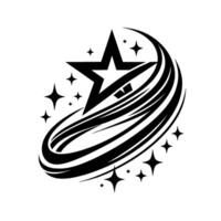 Black and white stylized star with dynamic speed lines and scattered stars. vector