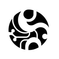 Abstract Black and White Circular Featuring Flowing, Intertwined, Geometric Shapes and Forms Inside a Solid Black Circle. vector