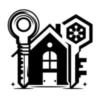 Modern Black and White of a House with Two Symbolic Keys, Suggesting Security, Real Estate, and Smart Home Technology. vector