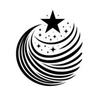 Black starburst emblem, stylized star atop arc of lines, dynamic on white background, minimalist aesthetic. vector