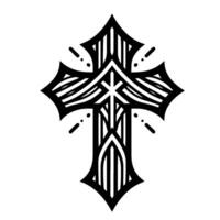 Intricate Black and White Gothic Cross with Geometric Patterns on a Bright White Background. vector