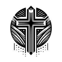 Geometric Black White Christian Cross in a Circular Frame with a Stylized Modern Aesthetic. vector