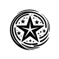 A symmetrical black and white starshaped , central pentagram, surrounded by concentric curved lines and smaller stars, all on a white background. vector
