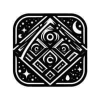 Celestial Geometric Emblem A Black and White Digital Illustration of Intertwined Shapes with Night Sky Elements within a Rounded Square. vector