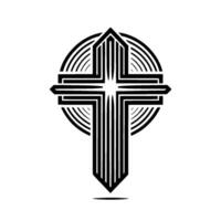 Geometric, stylized black and white Christian cross set within a circle, showcasing minimalism, faith and symbolic representation on white. vector