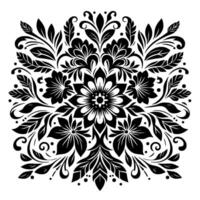 Symmetrical black and white floral mandala with detailed leaf and flower patterns, set on a stark white background. vector