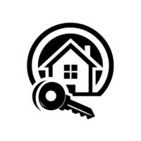 Vectorized monochrome illustration of a house with a key inside a circular frame, conveying themes of home, security, and real estate. vector