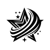 Dynamic black and white starburst featuring a central star encompassed by swooshing lines and surrounded by smaller stars on a white backdrop. vector