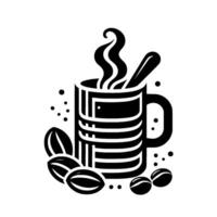 Steaming Black Coffee in Striped Mug with Spoon, Surrounded by Coffee Beans, . vector