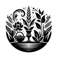 Intricate Black and White Botanical Illustration A symmetrical circle featuring diverse plant elements, floral arrangements, and a basket, creating a harmonious natureinspired . vector