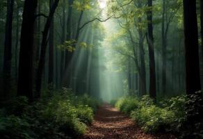 Enchanting Forest Pathway, Rays of Sunlight Filtering Through Mystical Woodland video