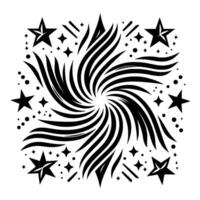 Abstract black and white starburst with stylized stars, radiating lines, and a central vortex on a white background. vector