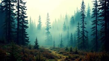 Enchanting mystical coniferous forest panorama with fog, creating a dreamy, ethereal atmosphere video