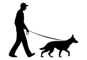 Silhouette of a person walking a dog on a leash vector