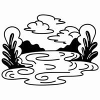 Minimalist lake illustration with trees, clouds, serene landscape drawing in black and white vector