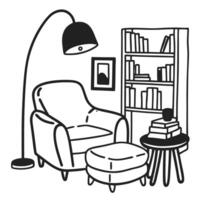 Cozy reading corner with armchair, bookshelf, lamp, and side table vector