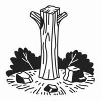 Stump illustration with surrounding rocks and foliage, symbolizing deforestation vector