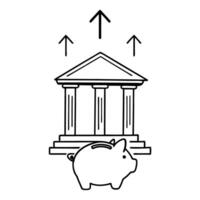 Financial growth concept with bank building, upward arrows, and piggy bank symbolizing savings and investment vector