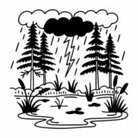 thunderstorm in forest landscape with lightning, rain, and clouds over trees and wetland vector