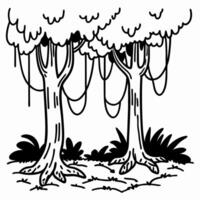 Line art illustration of two trees with hanging vines in a forest setting vector