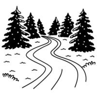 Winter forest scene with snowy evergreens and winding path vector