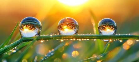 Three water droplets on a grass blade with the sun in the background photo