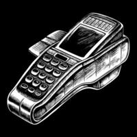 Retro Style Engraved Illustration of a Payment Terminal on Black Background vector