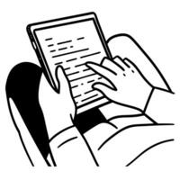 Hands using digital tablet technology, reading, touchscreen interaction, modern device usage, casual setting vector