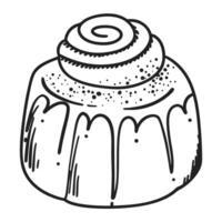 Monochrome spiral bun pastry with icing drizzle, hand drawn graphic vector