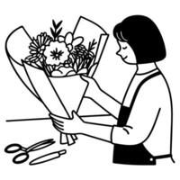 florist arranging bouquet woman with apron preparing flowers, creative floral design concept vector
