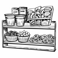 Hand Drawn Bakery Shelf with Assorted Pastries and Breads in Vintage Style vector