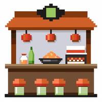 Retro Pixel Art Style Food Stand with Asian Cuisine Elements vector