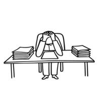 Overworked office employee stressed at desk with pile of papers workplace anxiety, burnout concept in simple black and white line art vector