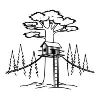 Treehouse illustration in forest setting with tall trees and ladder access vector