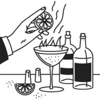 hand squeezing lemon into flaming cocktail cocktail preparation, citrus, bartending, beverage artistry, drink making vector