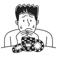 stressed gambler with poker chips worried man, casino table, risk, anxiety, addiction illustration vector