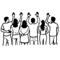 group of people raising hands, teamwork and collaboration concept illustration, diverse community unity vector