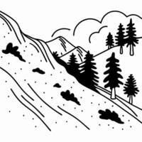 Minimalist mountain landscape with pine trees and snowy slopes in simple black and white line art vector