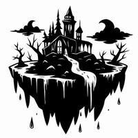 Floating Haunted Island Spooky Gothic Castle with Eerie Trees and Clouds vector