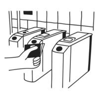 Hand holding card at turnstile contactless entry payment technology, subway access control system vector