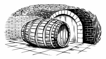Rustic Wine Cellar with Wooden Barrel in Vintage Sketch Style vector