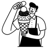 Smiling man with ice cream cone, minimalist line art illustration, dessert enjoyment vector