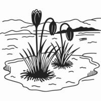 stylized black and white aquatic plants sketch, lake background, simple line art, nature illustration vector