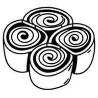 Outline of pastry black and white cinnamon roll design, abstract sweet swirl pattern vector
