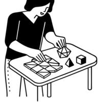 person arranging geometric shapes on table, puzzle activity, cognitive challenge, abstract design, learning concept vector
