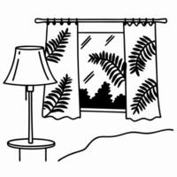 Cozy living room with lamp and nature patterned curtains, window view vector