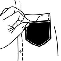 hand placing small item into shirt pocket, minimal line art illustration simple black and white design, organization, personal space, everyday action, simplicity concept vector