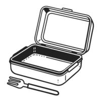 Open lunch box with fork black and white illustration of food container, portable meal kit, takeaway vector