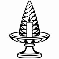 stylized pine tree and candle on ornate stand, black and white illustration vector